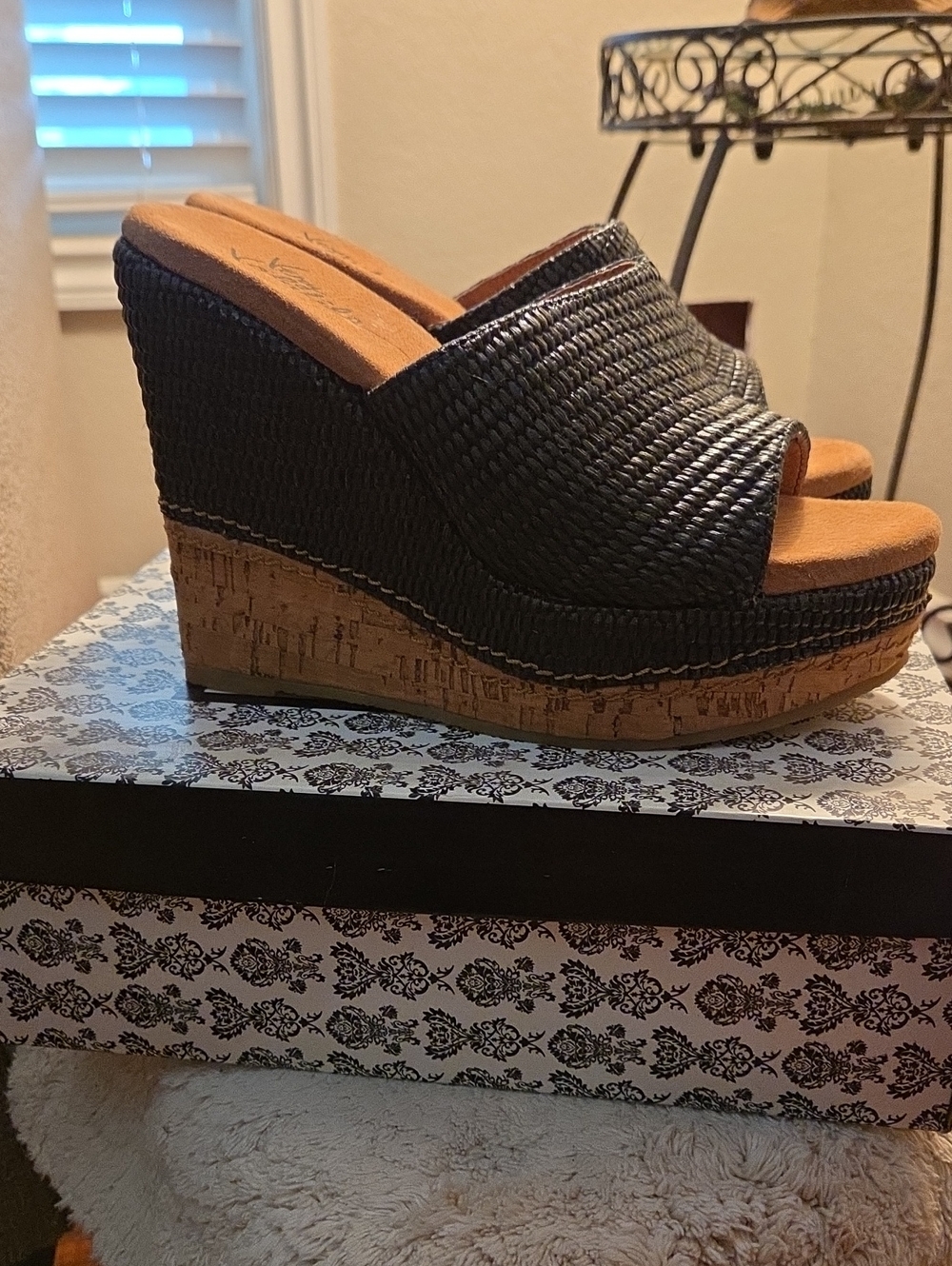 Very Volatile Black Woven Cork Wedge Sandals